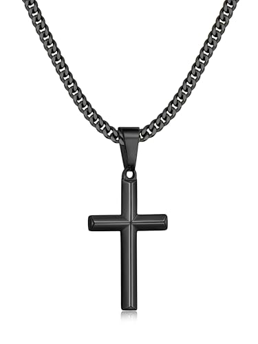 Image of Fiusem Silver Tone /Black /14K Gold Plated Cross Necklace for Men, Beveled Edge Pandent Mens Necklace, 3.5MM Stainless Steel Cuban Chain, 16-24 Inches Jewelry Gifts