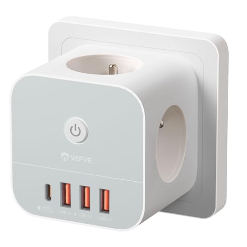 VEFVE Cube Multiprise Murale avec USB C 20W, Bloc 7-en-1 avec 3 Prises Secteur, 4 Ports USB (1 USB-C + 3 USB-A), Chargeur Rapide, Interrupteur, 3680W – pour...
