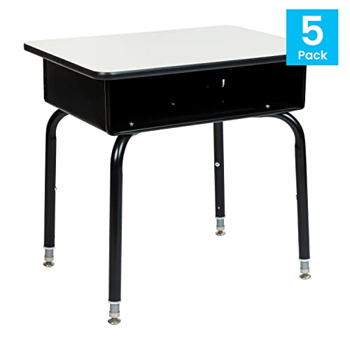Image of Flash Furniture Metal Student Desk with Open Book Box, Gray, 5-Pack | Durable Construction, Commercial Use