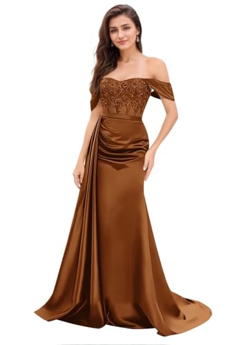 Off The Shoulder Prom Dresses for Women Lace Applique Bridesmaid Dress A-Line Formal Evening Party Gown Slit