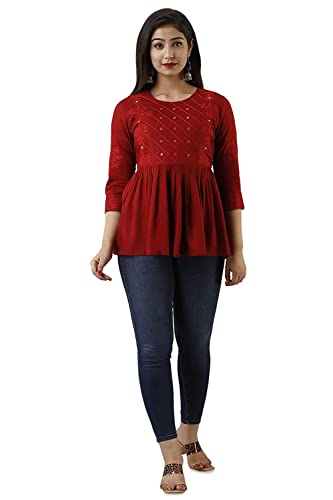 Image of Shiva FAB Women's Rayon Embroidered Regular Fit Tops Black (X-Large, Maroon EMB)