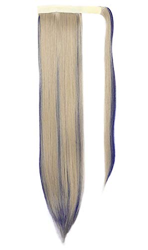 SEIKEA Clip in Ponytail Extension Wrap Around Straight Hair for Women (28", Ash Blonde (Dark Blue Highlight))