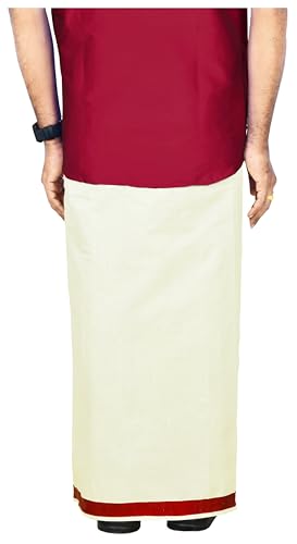 Image of Mens Thick Border 100% Cotton Cream Dhoti 4.0 Meters Double Mundu /Vesti