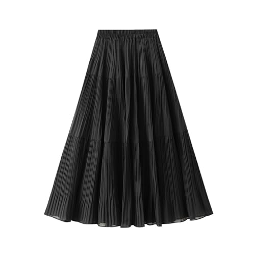 Womens Pleated A-Line Skirt Elastic High Waist Midi Long Skirts Flowy Casual Chiffon Skirt for Wedding Party Club