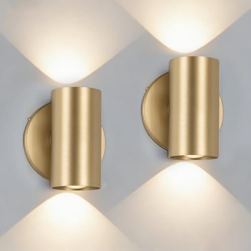 Image of Tubicen Indoor Wall Sconces Set of Two Gold Movie Theater Lights Hardwired | 7W Bright LED Dimmable Home Theater Wall Sconce Gold Cylinder Wall Lights for Living Room Hallway Stairs TV Movie Room
