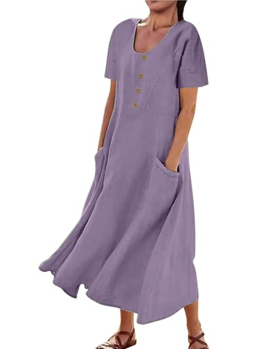Image of Women's 65% Polyester 35% Cotton Crew Neck Midi Dress, Short Sleeve Dress with Pockets for Summer Daily Wear