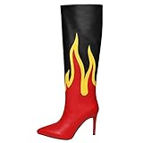Kluolandi Women's Pointed Toe Stiletto Knee High Boots Flame Pattern Pull On Tall Boots with Heel Dress Shoes Size 8