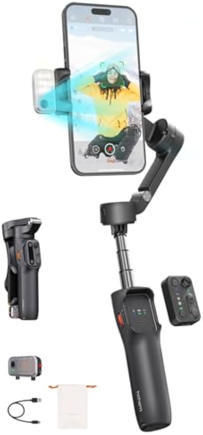 hohem iSteady V3 Gimbal Stabilizer for Smartphone, AI Tracker Fill Light,Detached Remote,Built-in Tripod Extension Rod,2024 Upgraded 3-Axis Phone Gimbal Foldable Stabilizer for iPhone Android(Black)