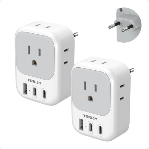 TESSAN 2 Pack European Travel Plug Adapter PD 20W(No Voltage Conversion) US to Europe Plug Adapter with 4 Electrical Outlets 3 USB Ports (2 USB C) Type C Power Adaptor for EU Italy Spain France