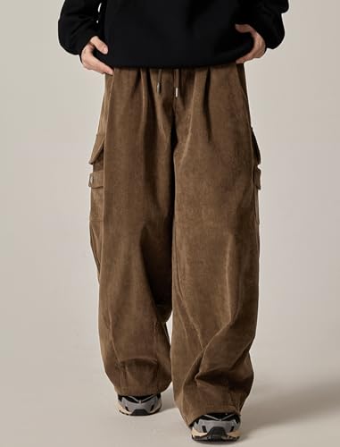 ZAFUL Mens Corduroy Pants Baggy Wide Leg Drawstring Elastic Waist Sweatpants Vintage Cargo Pants with Pockets for Streetwear4