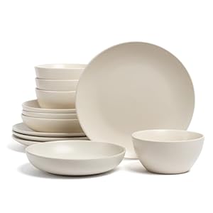 over&back Coupe Dinnerware Set – Stoneware Dishes – Comes with 4 Dinner Plates, 4 Cereal Bowls, and 4 Dinner Bowls – 12-Piece All-Occasion Place Settings – Semi-Matte Ivory