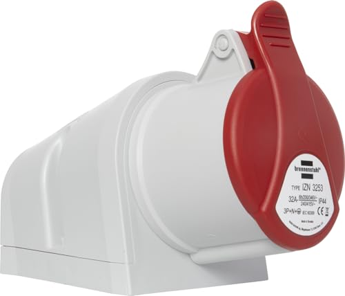 Brennenstuhl Industrielle Wandsteckdose CEE, 5-polig, Industrie-Steckdose 400 V/32 A mit Deckel für den Außenbereich, ideal für den Einsatz im Freien, Baustelle, Industrie, IP44, 32 A