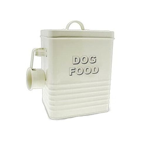 BARGAINGALORE NEW DOG FOOD STORAGE CONTAINER WITH SCOOP ENAMEL LID TIN HOME RETRO VINTAGE Cover