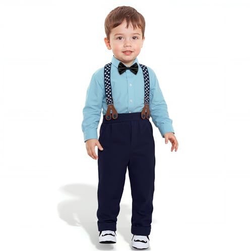 Yilaku Ropa de Bebé Niño Traje de Niños Ropa de Bebé Niño Conjunto de Pantalones y Camisa + Tirantes Pajarita 4Pcs Trajes de bautizo para niños pequeños, azul cielo, 9-12 meses