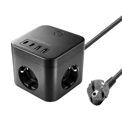 Mars Gaming MD-CUBE35, Powercube Multifonction Compact, 3X Prises SCHUKO + 2X USB-C + 2X USB-A, Charge Rapide PD 35W, Technologie GaN, Câble 1.8m, Bouton...