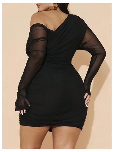 MakeMeChic Women's Plus Size Fall Mini Dresses 2025 Mesh Ruched Bodycon One Shoulder Dresses2