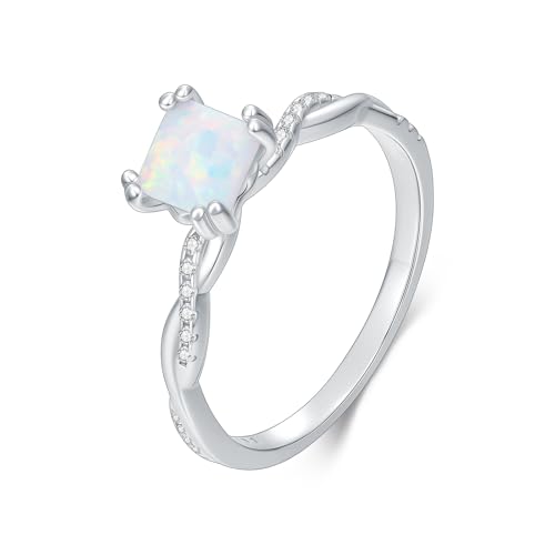 925 Sterling Silver 1 CT Princess Cut Opal Ring for Women Dainty Opal Engagement Wedding Promise Ring Anniversary Birthday Jewelry Gift for Mother Wife Friend