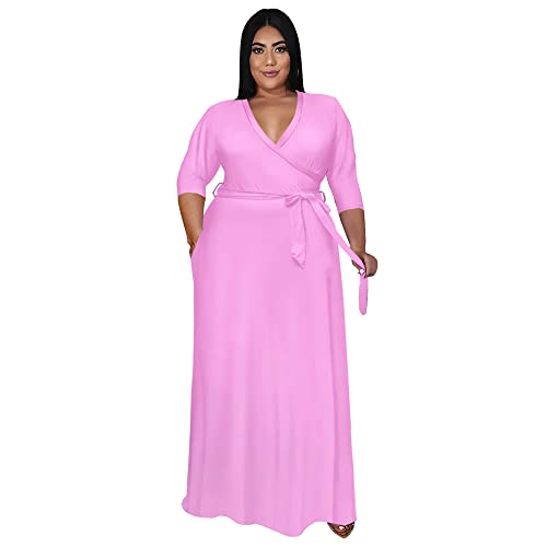 Image of Nmoder Plus Size Maxi Dress for Women - Summer Casual 3 /4 Sleeve Floral Flowy Long Dress with Belt XL- 6XL