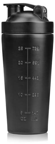 JACMKEON Protein Shaker Bottle 750ml, Shaker Cup Stainless Steel with Mixer Ball for Fitness Sports and Travel - Black