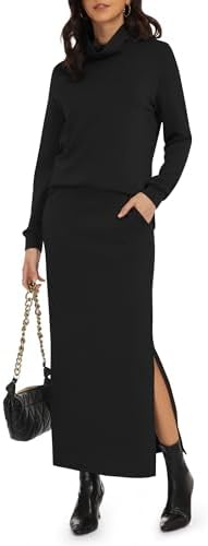 Women's 2 Piece Skirt Set Turtleneck Tops Long Skirt Matching Outfits with Pockets Fall Loungewear