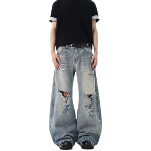 Men's Vintage Y2k 2000S Blue Ripped Jeans High Wide Leg Denim Pants Streetwear Baggy Cargo Trousers