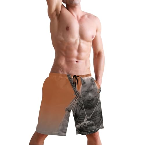Men's Swim Trunks Cat Samurai Print, Quick Dry Beach Board Shorts with Lining-S4