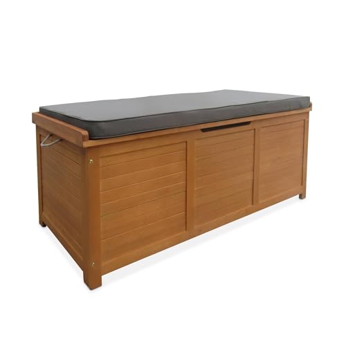 Coffre de Jardin en Bois - Caja - 125x60cm Rangement Coussins avec vérin et poignées (Gris)