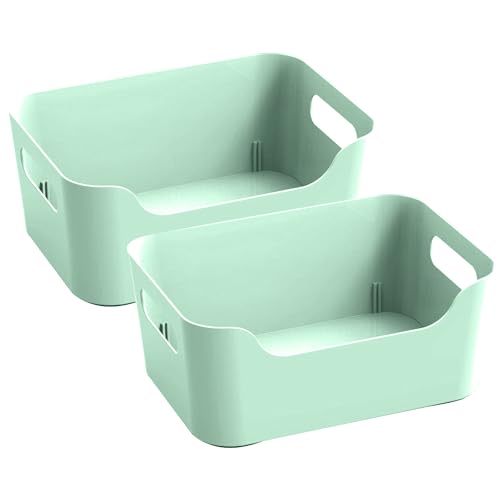 Image of KOLORR Jolly Plastic Small Baskets with Handle for Storage Box| Multipurpose Light Weight Plastic Baskets organiser for Make-up Stationary Cosmetics Kitchen Livingroom Bathroom | Pack of 2 - Mint