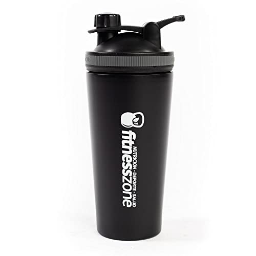 FitnessZone - Shaker 750 ml - Libre BPA - Shaker Acero Inoxidable Negro - Vaso para Batidos de Proteínas - Tapón Hermético Anti-Apertura y Filtro Anti-Grumos - Coctelera y Mezclador de Proteínas