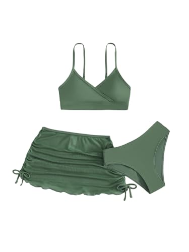 Verdusa Girl's 3 Piece Bikini Swimsuits Bathing Suit with Cover Up Beach Skirt Olive Green 11-12Y