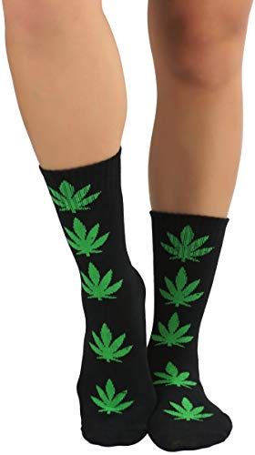 Image of ToBeInStyle Women's Crew Calf Fun Socks Marijuana Weed Leaf Print Novelty Statement Hosiery