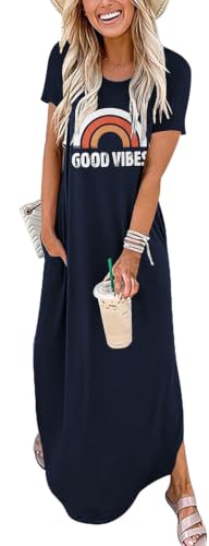 Image of Womens Good Vibes Rainbow Sleeveless Funny Grapic Maxi Dress Summer Casual Letter Tank Dresses with Pockets