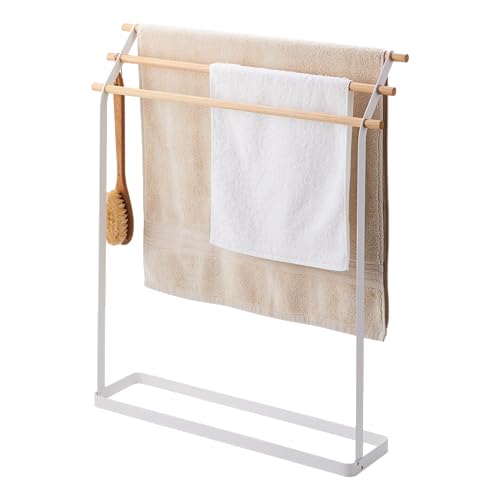 Yamazaki Home Tosca Bath Towel Hanger - Bathroom Holder Rack Organizer, 32' - Steel + Wood - Holds Towels Up to 54' Long