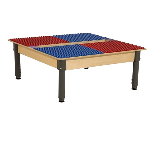 Wood Designs Time-2-Play 2-in-1 Montessori Kids Play Table, 35”W Red & Blue Square Activity Table with Trough for Toddlers Compatible with Duplo Building Blocks [12”-17” Adjustable Legs]