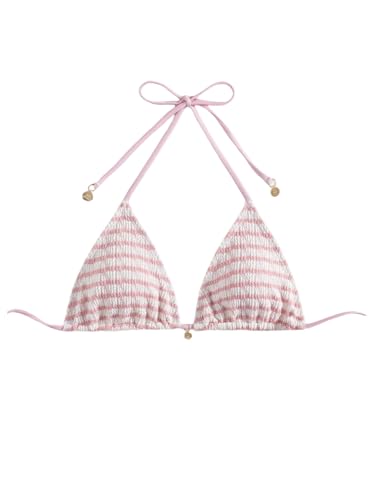 WDIRARA Women's Striped Halter Triangle Bikini Top Tie Backless String Swim Tops