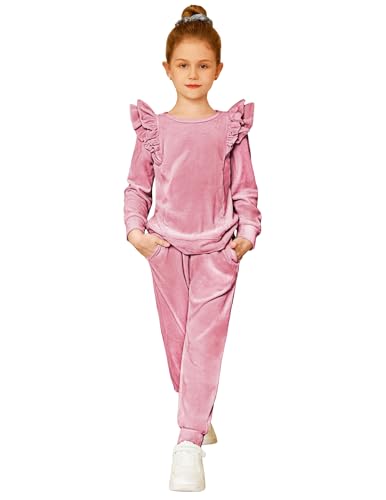Image of Arshiner Girls 2 Piece Outfits Velour Tracksuit Ruffle Sweatshirt Sweatpant