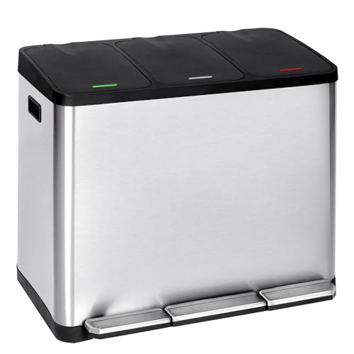 T-LOVENDO.ES Cubo basura o reciclaje 3 de compartimentos Grande | 3 X 15L Total 45 Litros | Contenedores de reciclaje separados por color | Papeleras con pedal | Acero | Gran capacidad