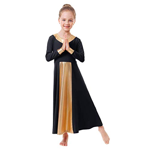 Teen Girls Praise Robe Dance Cross Dress Long Bell Sleeve Liturgical Loose Fit Full Length Swing Worship Gown Skirt Black-Glod 9-10 Years