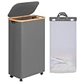 efluky Slim Laundry Basket with Wheels, Narrow Rolling Laundry Hamper with Lid and Removable Bag, Tall Aesthetic Dirty Clothes Hamper on Wheels for Laundry Room, Bedroom, Dorm and Bathroom, 75L Grey