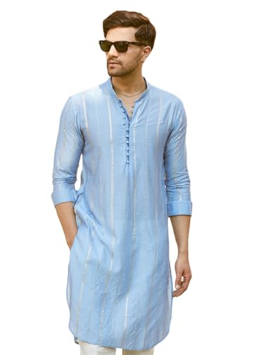 Image of See Designs Men Full Sleeve Turquoise Blue Chanderi Silk Sequins Cotton Mandarin Collar Side Slit Kurta