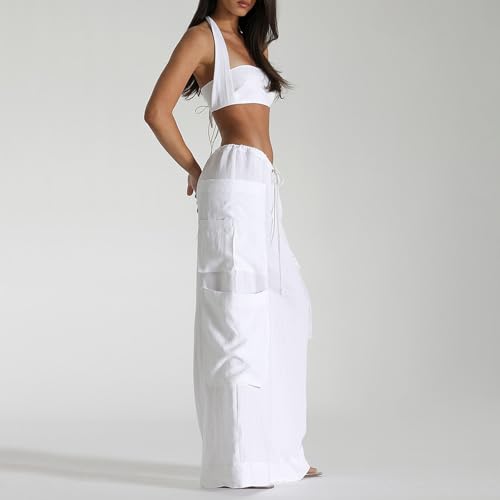 Yoawdats Women's Y2k Cotton Linen Wide Leg Pants Casual Summer Drawstring Low Waist Cargo Pants Beach Trousers with Pockets4