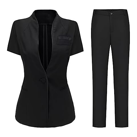 YUNCLOS Women's Short Sleeve Summer Slim Fit 1 Button Blazer and Pants 2 Piece Suit Set Pure Black Cover