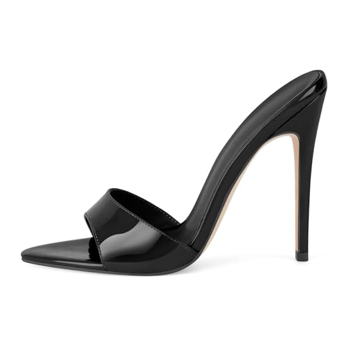 Only maker Heeled Slide Sandals for Women Open Toe Stiletto Mules High Heels Slip-On Dress Shoes for Party Evening Club & Formal Outfits Patent Leather Black Size 12