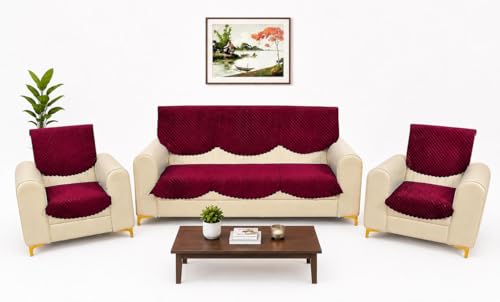 Image of Velvet Quality Raising Quilt Patterns Sofa Covers Set (Red, 5 Seater)