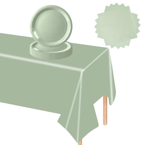 37Pcs Sage Green Birthday Tableware Set,SageGreen Paper Dinnerset, SageGreen Birthday Decorations,Sage Green Table Cloth and Paper Plates,Napkins for Baby Shower,Wedding Party Table Decor