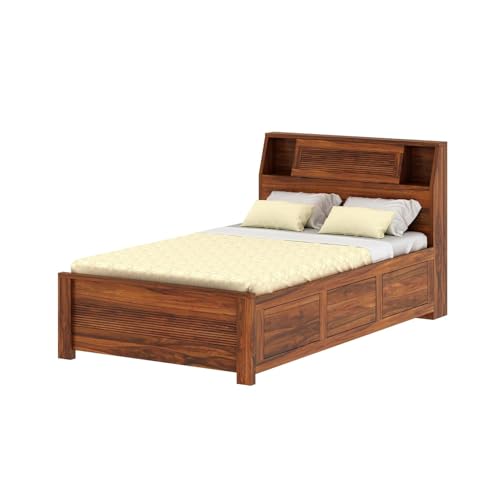 Image of Ganpati Arts Solid Sheesham Wood Marine Groove 4 Feet Bed with Box Storage and Large Headrest for Living Room, Bedroom and Home (Natural Finish) 1 Year Warranty
