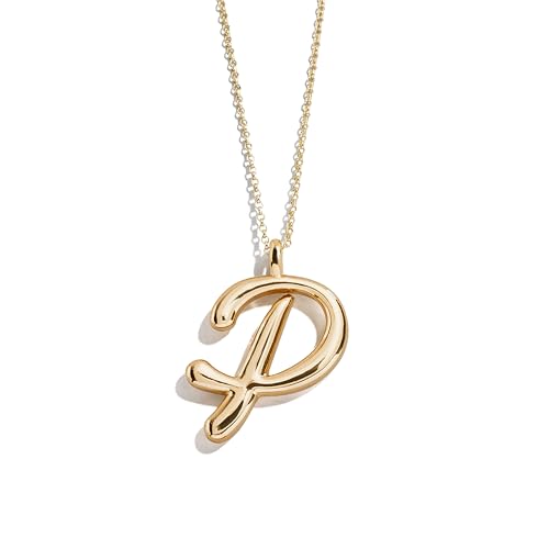 BaubleBar Gwen Gold Signature Initial Necklace - Jewelry for Women - Classic Script Pendant Letter Necklace - Gold Plated Brass & Zinc - Hypoallergenic Gold Chain - 20 Inch + 3" Extender, Letter P