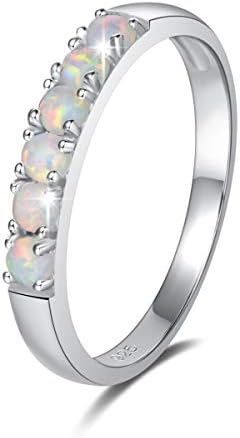 FANCIME Opal Rings Sterling Silver Created 6 stones Fire Opal October Birthstone Engagement Wedding Eternity Band Ring for Women Size 9