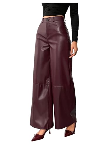 Milumia Womens Faux Leather Wide Leg Pants High Waist Button Dressy Casual Long Trousers Burgundy Medium