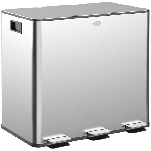 HOMCOM Mülleimer Küche 3 x 15 L Treteimer mit Softclose-Deckel und Pedal Mülltrennsystem 3 Fächer inkl. Inneneimer Abfalleimer Abfallsammler, Edelstahl, Silber, 61,9 x 36,6 x 43,2 cm HOMCOM Mülleimer Küche 3 x 15 L Treteimer mit Softclose-Deckel und Pedal Mülltrennsystem 3 Fächer inkl. Inneneimer Abfalleimer Abfallsammler, Edelstahl, Silber, 61,9 x 36,6 x 43,2 cm